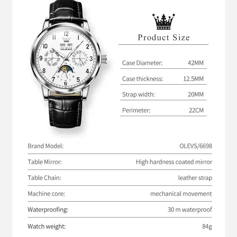 OLEVS 남성용 다기능 가죽 스트랩 손목 시계, 문페이즈 방수 레저 원피스, 6698