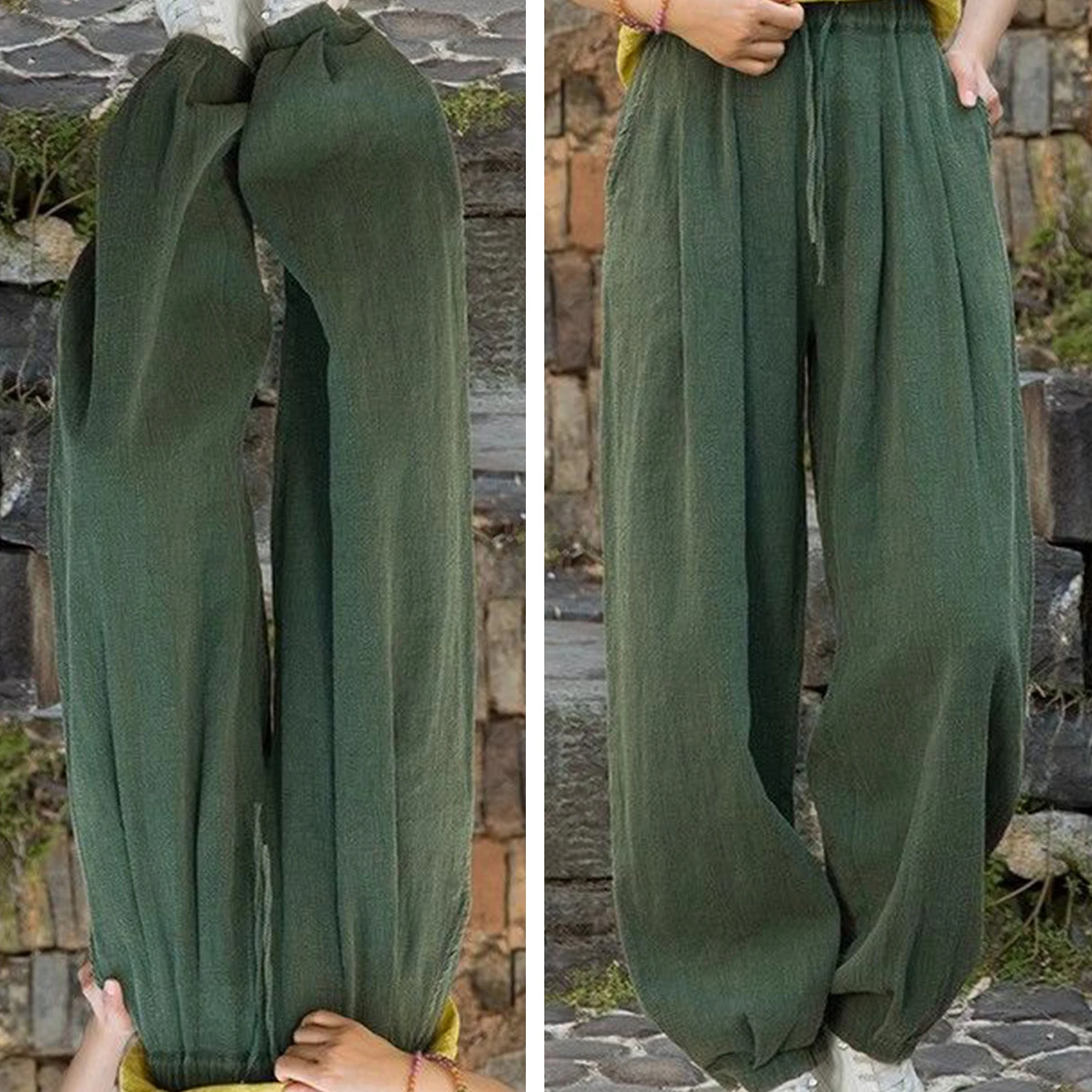 

Повседневные брюки для женщин, новинка 2023 года, однотонные универсальные широкие брюки с высокой талией и шнурком, женские длинные брюки из хлопка и льна