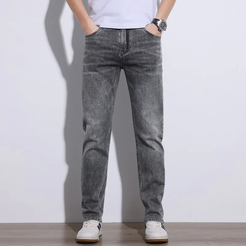 KSTUN 2025 Spring Summer Jeans For Men Slim Straight Gray Light Blue Stretch Jeans Regular Fit Denim Pants Mens Clothing Cowboys