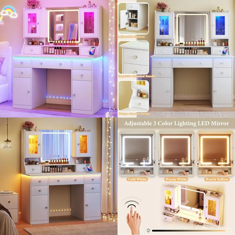 

Large 42 Inch White Makeup Vanity Table with Mirror, Lights, and Dual RGB Jewelry Cabinets featuring 7 Storage Drawers