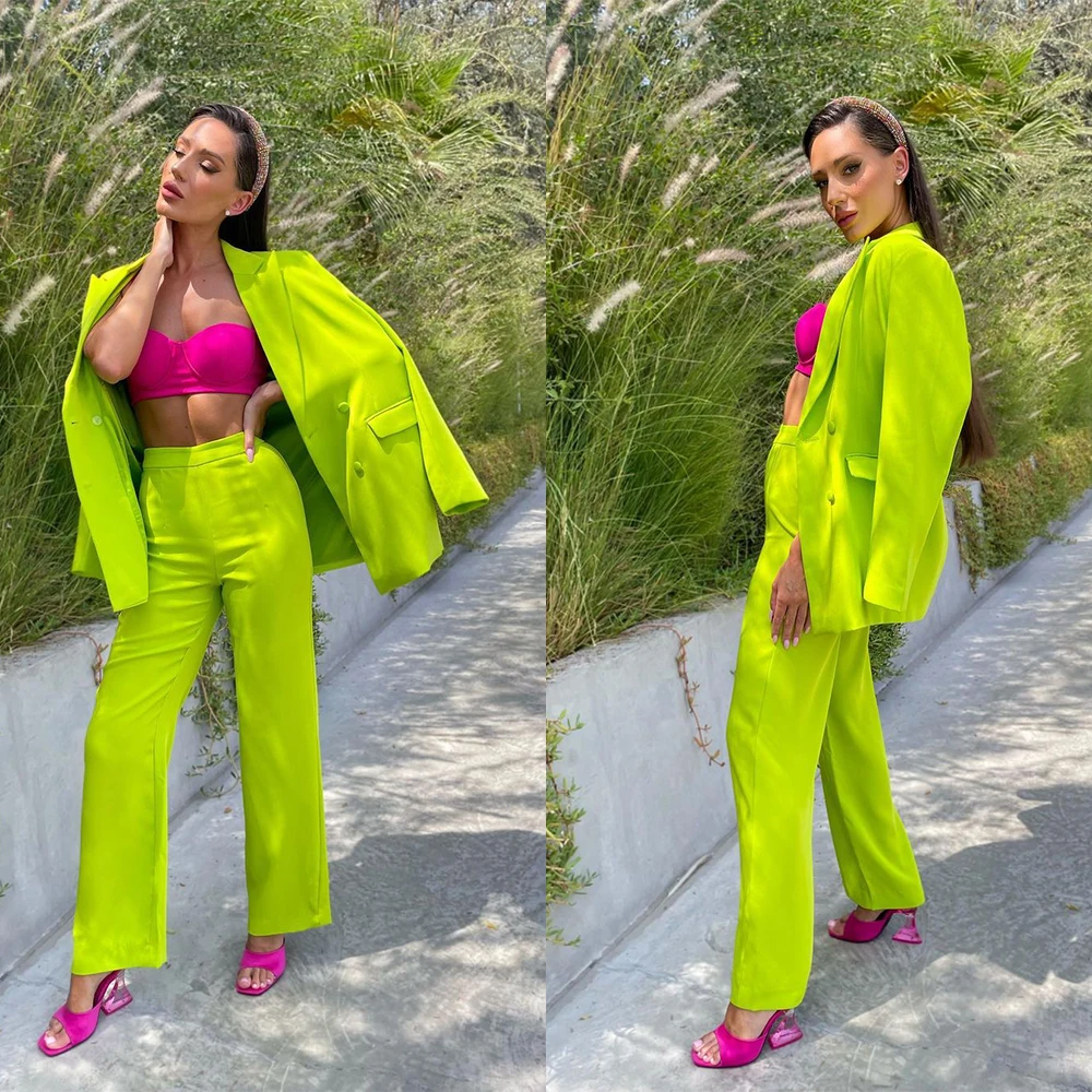 

Fashion Green Women Suits Double Breasted Long Sleeve Blazer + Flare Trousers 2 Piece Set Formal Party Prom Dress Custom Made