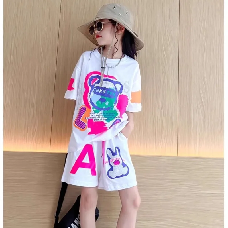 Summer Girls Cotton Stylish Cartoon Print T-shirt Top+Shorts Pant Set School Kids 2PCS Tracksuit Children Jogging Outfit  345
