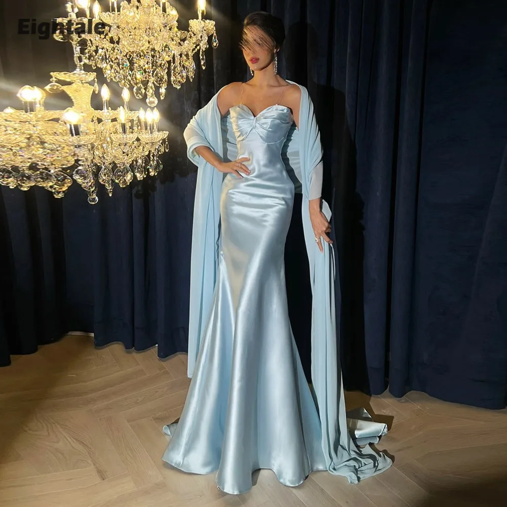 

Eightale Elegant Evening Dress Sweetheart Customized Satin Pleats Blue Mermaid Prom Wedding Party Gowns