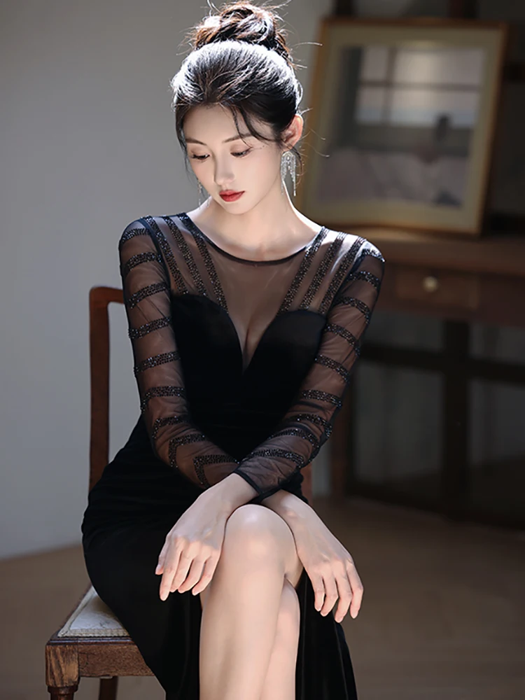 2025 vestido Sexy transparente de malla de retales de terciopelo negro para mujer vestido de noche de lujo Hepburn Vintage Otoño Invierno vestido ajustado coreano