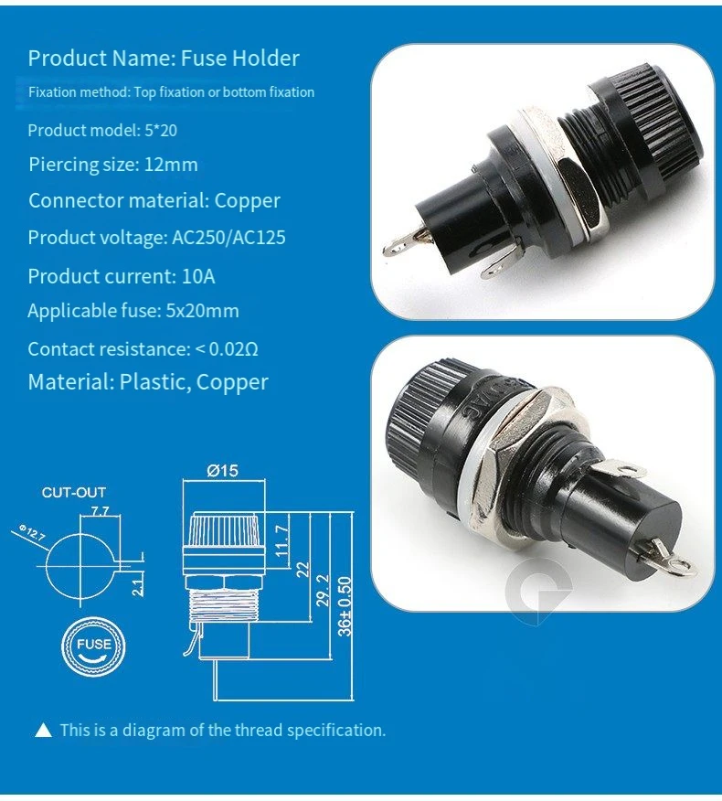 Fuse Holder 5x20mm Glass Tube 250V for 2A/10A/15A Fuse, 12mm Mounting Hole, Electronic Repair Part