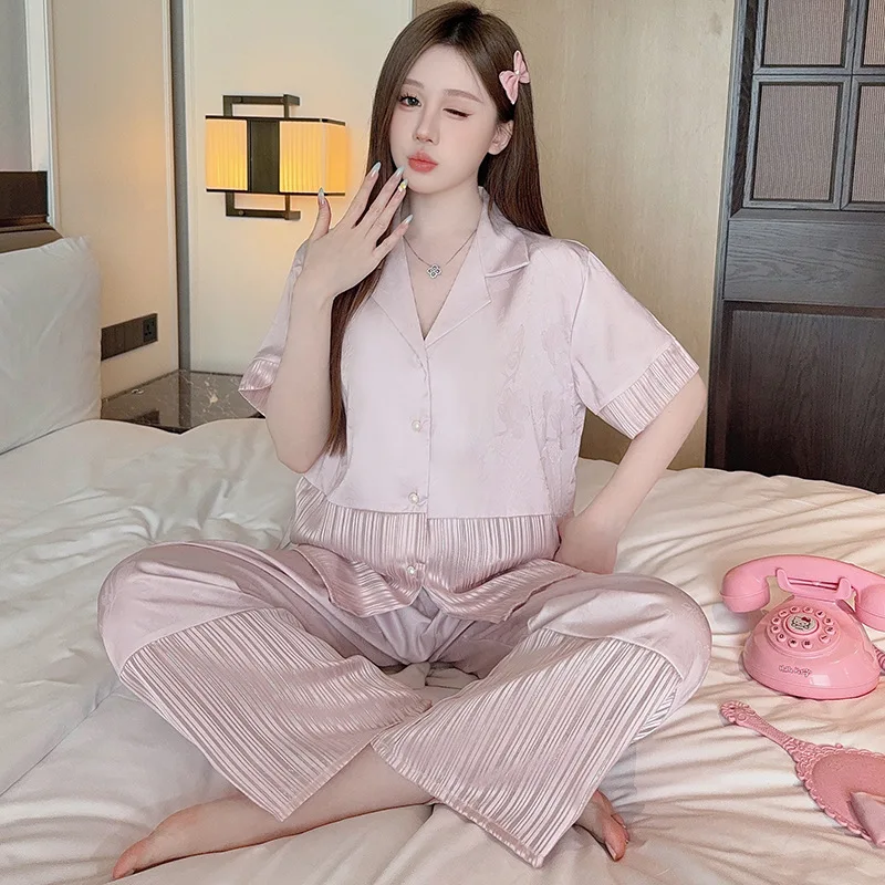 26 Spring Summer Women Girl 2piece Set Pajamas Short-sleeve Pants Plus Size High-end Elegant Nightgown Sleepwear Homesuit