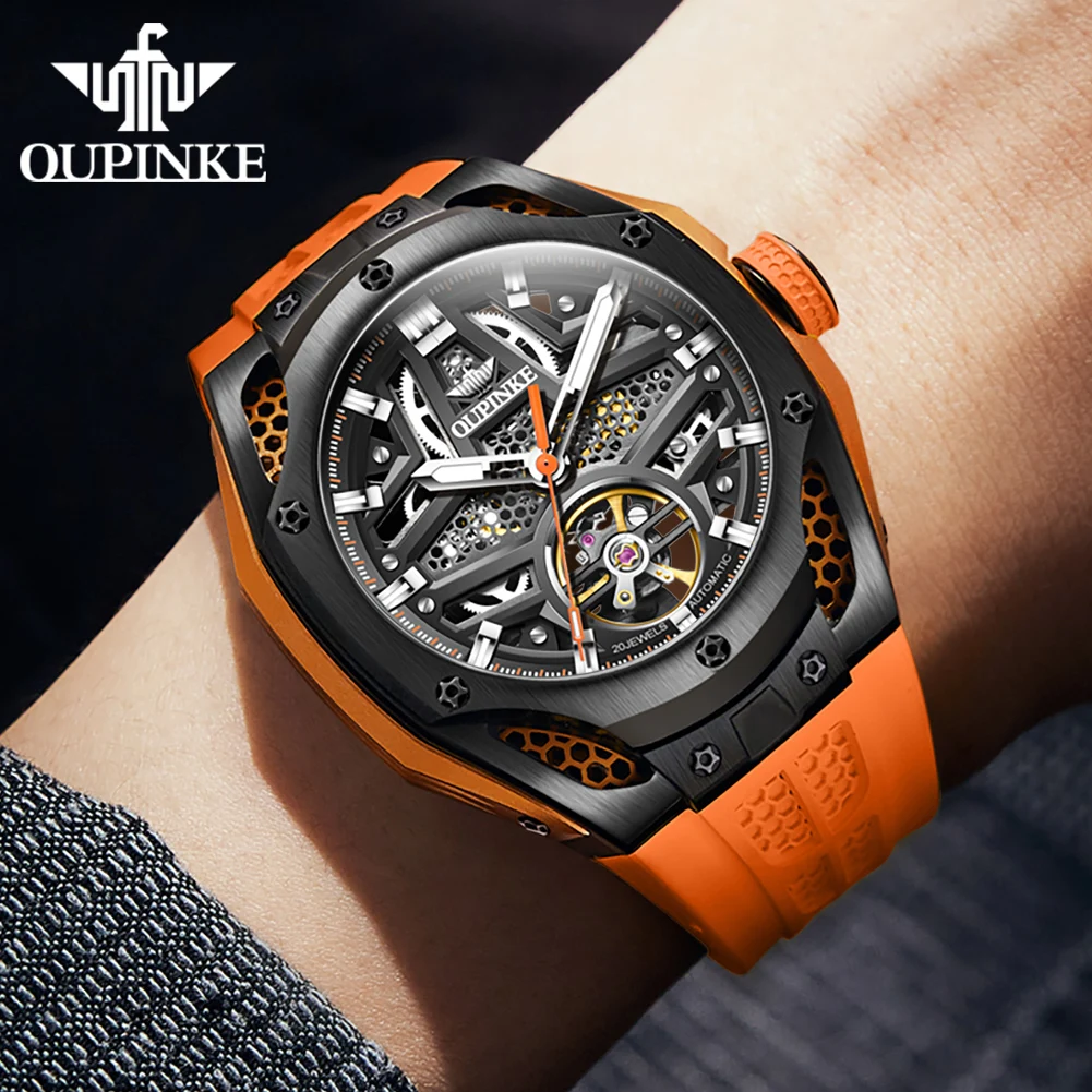 OUPINKE 9003 Sport Mechanical Men\'s Watches Hollow Flywheel Top Brand Fashion Automatic Watch For Men Silicone Strap Hand Clock