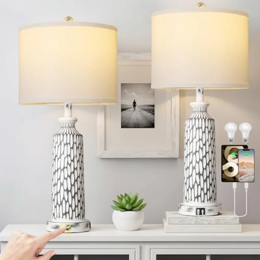 

Настольная лампа для гостиной, прикроватные светильники для спальни, комплект из 2 штук с USB-портами A+C, 3-режимное диммирование, сенсорное управление, современный прибрежный стиль