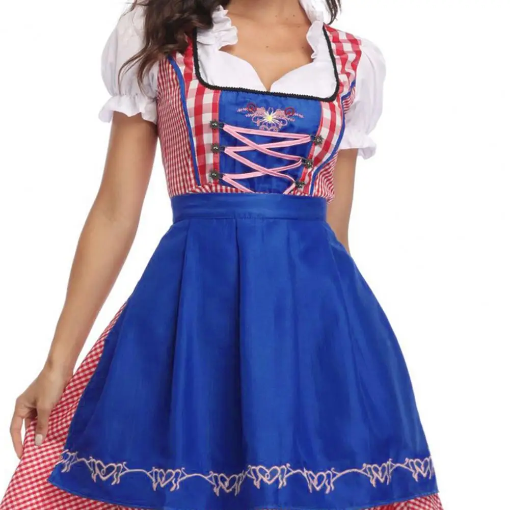 Oktoberfest Beer Dress Germany Puff Ruffle Trim Plaid Stitching Color Apron Maid Wiesn Dirndl Beer Festival Midi Dress