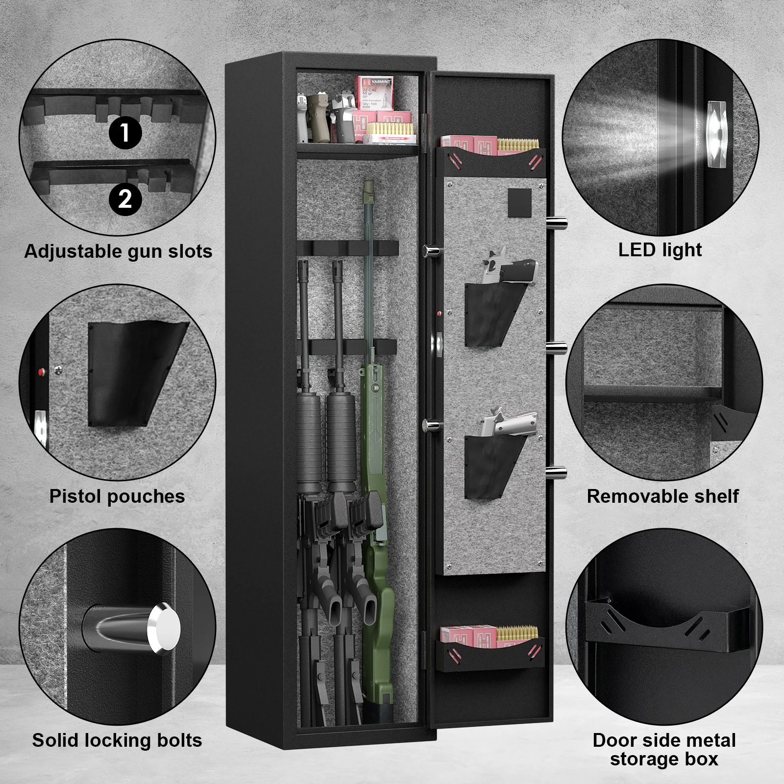 3 Gun Safe, Quick Access Rifle Gun Safe with Silent Mode and Alarm System, Removable Shelf and 2 Adjustable Gun Slots