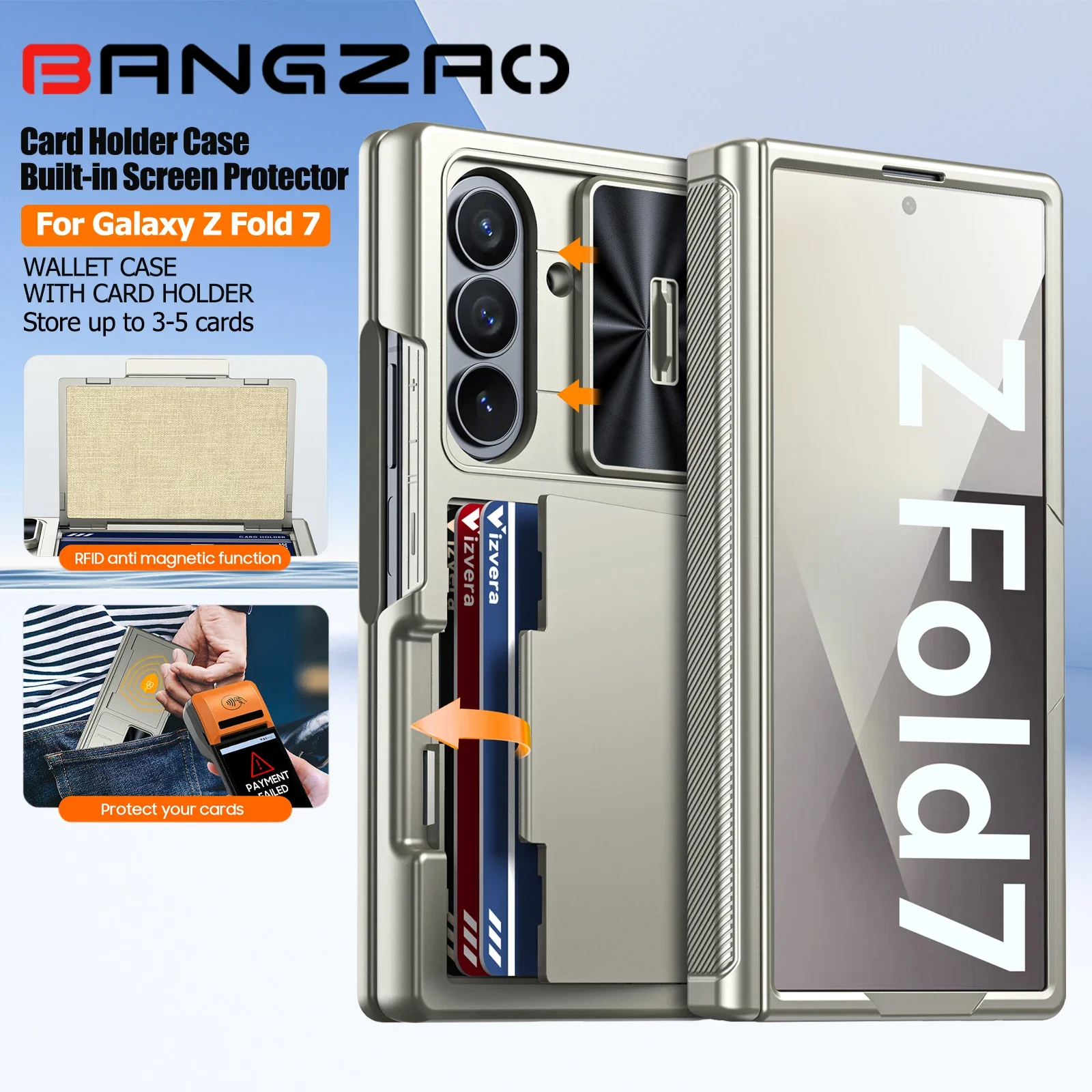 

RFID-кошелек с держателем для карт, чехол на петлю, чехол для камеры, противоударный силиконовый защитный чехол для телефона Galaxy Z Fold 7 шампанского