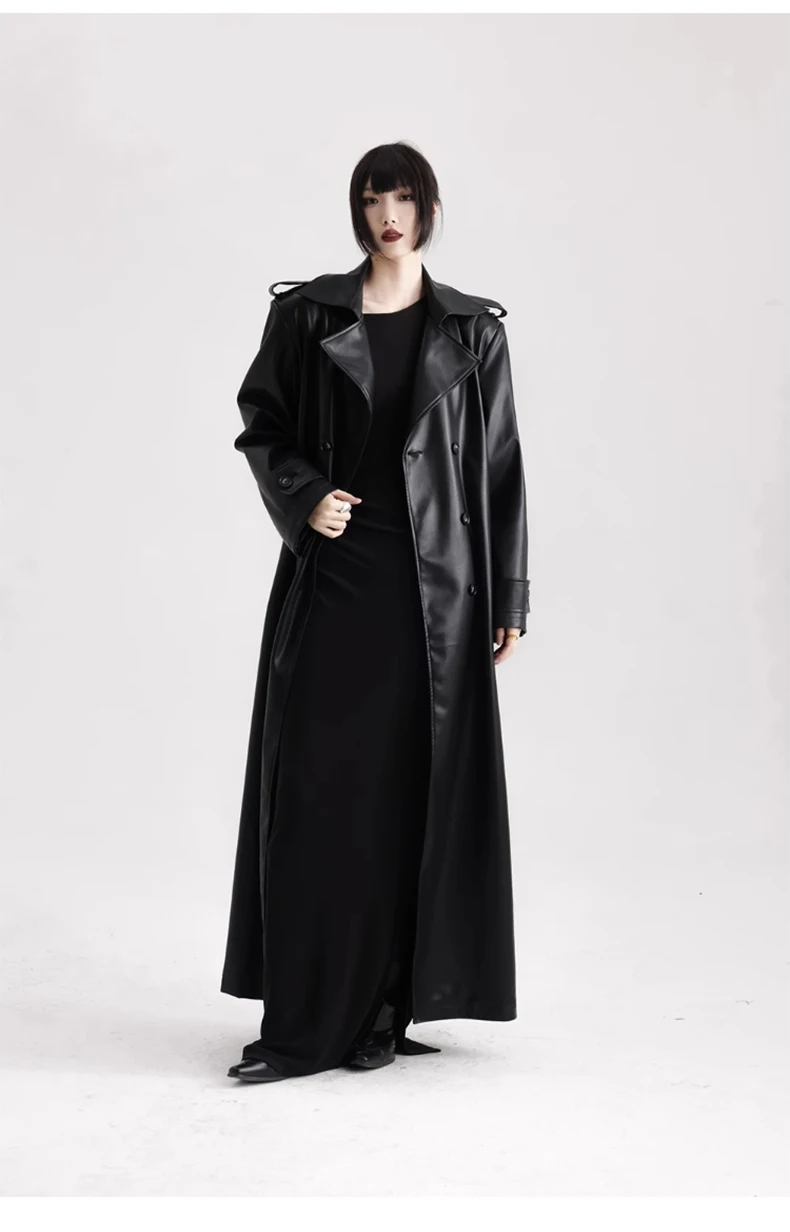 Lautaro Spring Autumn Extra Long Black Soft Pu Leather Trench Coat for Women Double Breasted Loose Casual Korean Fashion 2024
