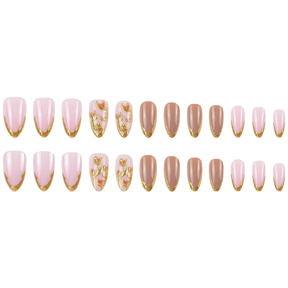 접착 탭이 있는 24개 3D 골드 프레스 온 네일 접착제가 포함된 미디엄-쇼트 아몬드 아름다운 인조 손톱 인조 손톱 보철 손톱 세트