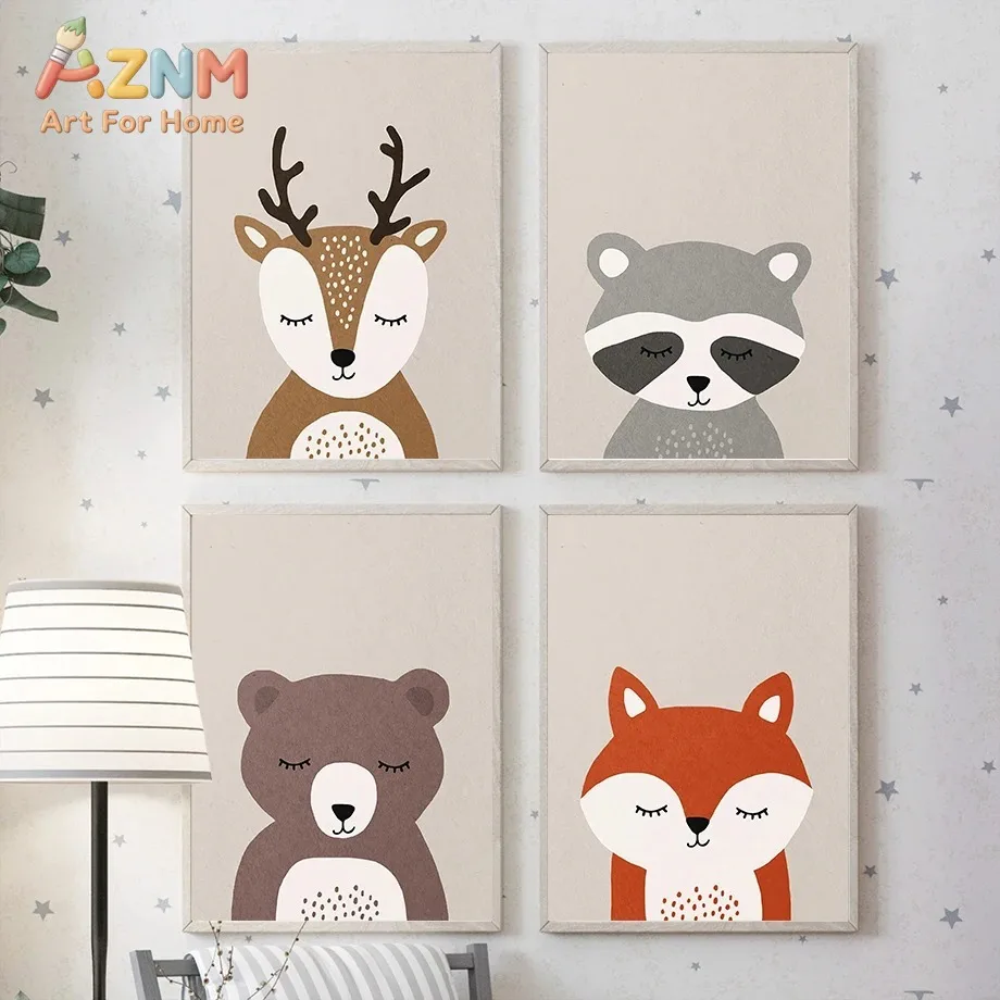 Cartoon Deer Bear Fox Raccoon Owl Rabbit Nordic Posters And Prints Wall Art Canvas Painting Animal Wall Pictures Kids Room Decor