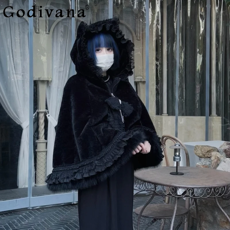 

Subculture Dark Gothic Black Hooded Cloak Autumn Winter Girl's Sweet Cool Cute Bow Loose Zipper Jacket Woman's Lolita Ponchos