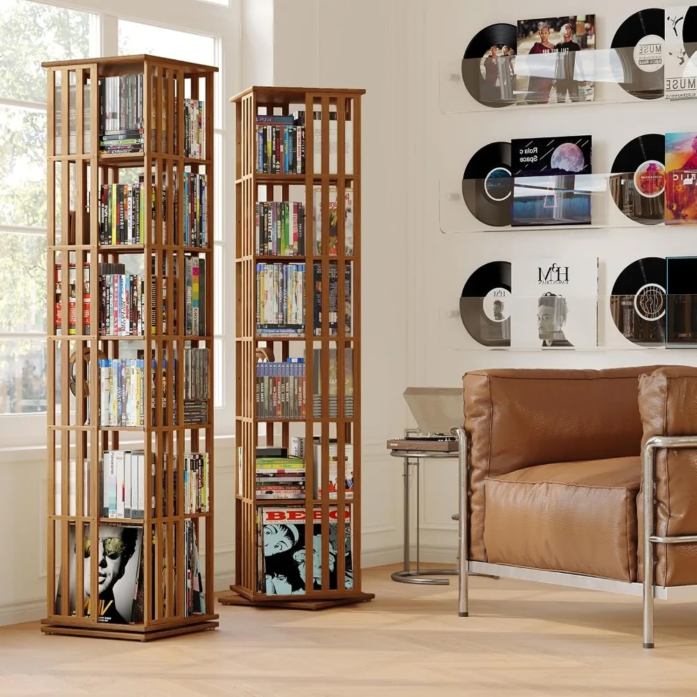 360° Rotating Bamboo CD/DVD Shelf - 6-Tier Space-Saving Media Storage Cabinet for Movies, Walnut