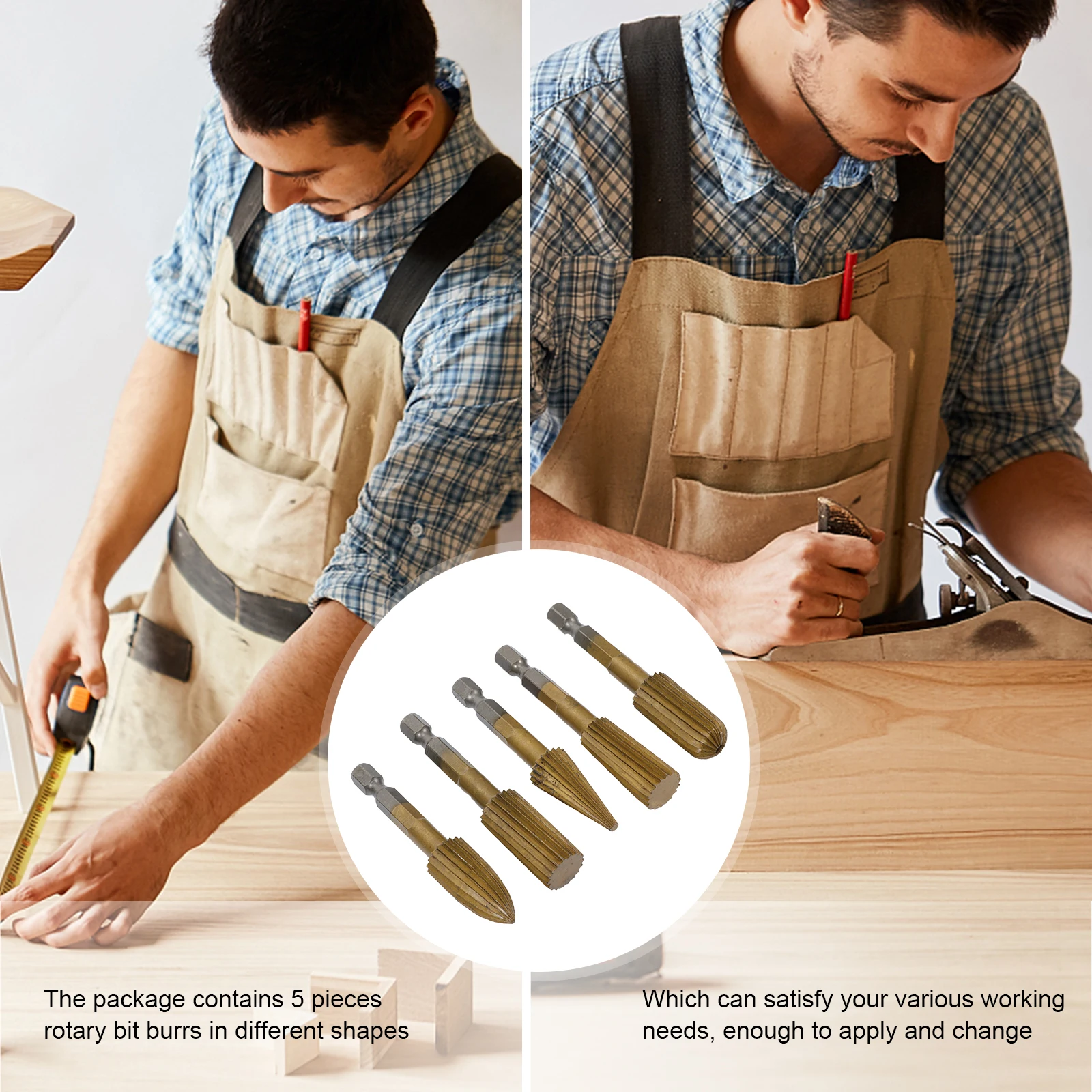 

5Pcs Rotary File Set 6.35mm Hexagon Handle High-Speeds Steel for Wood Working Engraving Drilling Beveling Grooving Reaming