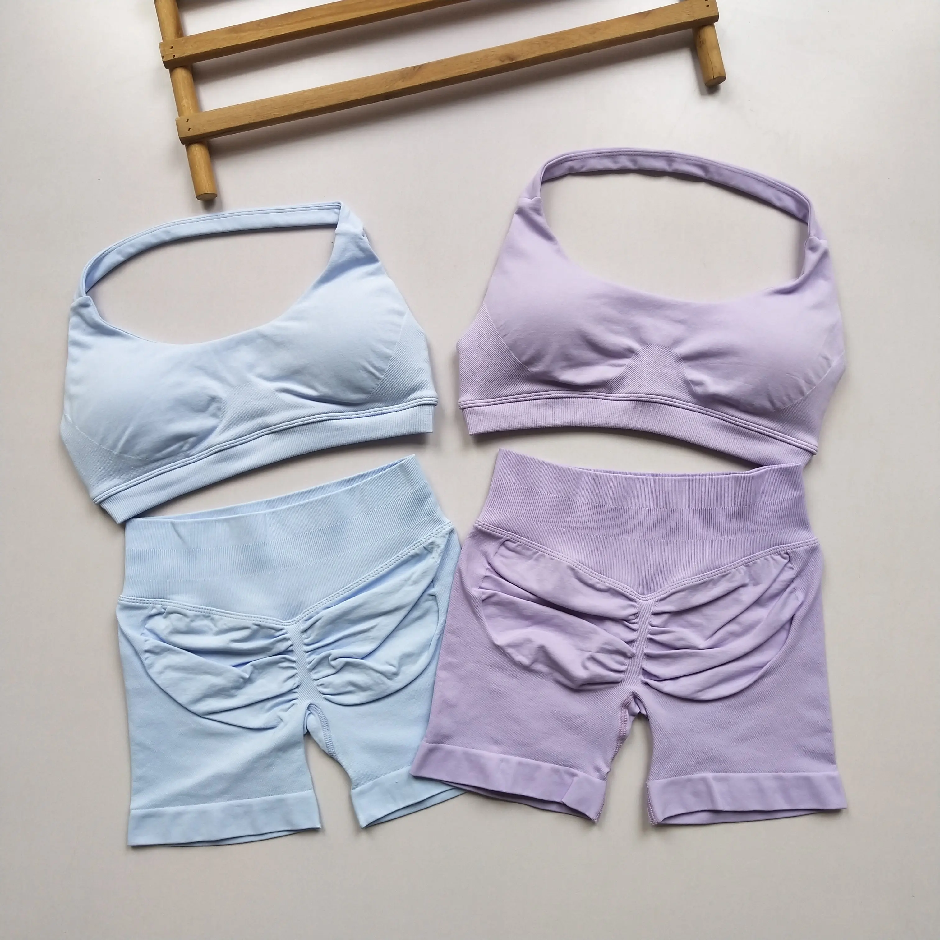 2PC Sexy Halter Neck Peach Sports Bra And High Waist Shorts Set for Women Pilates Yoga Training Fitness Beautiful Back Gathering