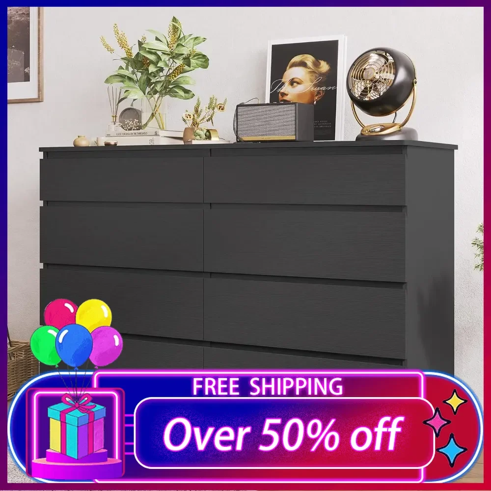 Black Dresser for Bedroom, Dresser with 8 Drawers, 51.5''W Wooden Dressers Chest of 8 Drawers, Capacity Clothing Storage Cabinet