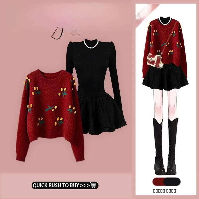 

Red Knitted Sweater Women's Autumn Winter Soft Cozy Overhead Dress Set Black Fashionable Two-Piece Suit Long Sleeve Crew Neck