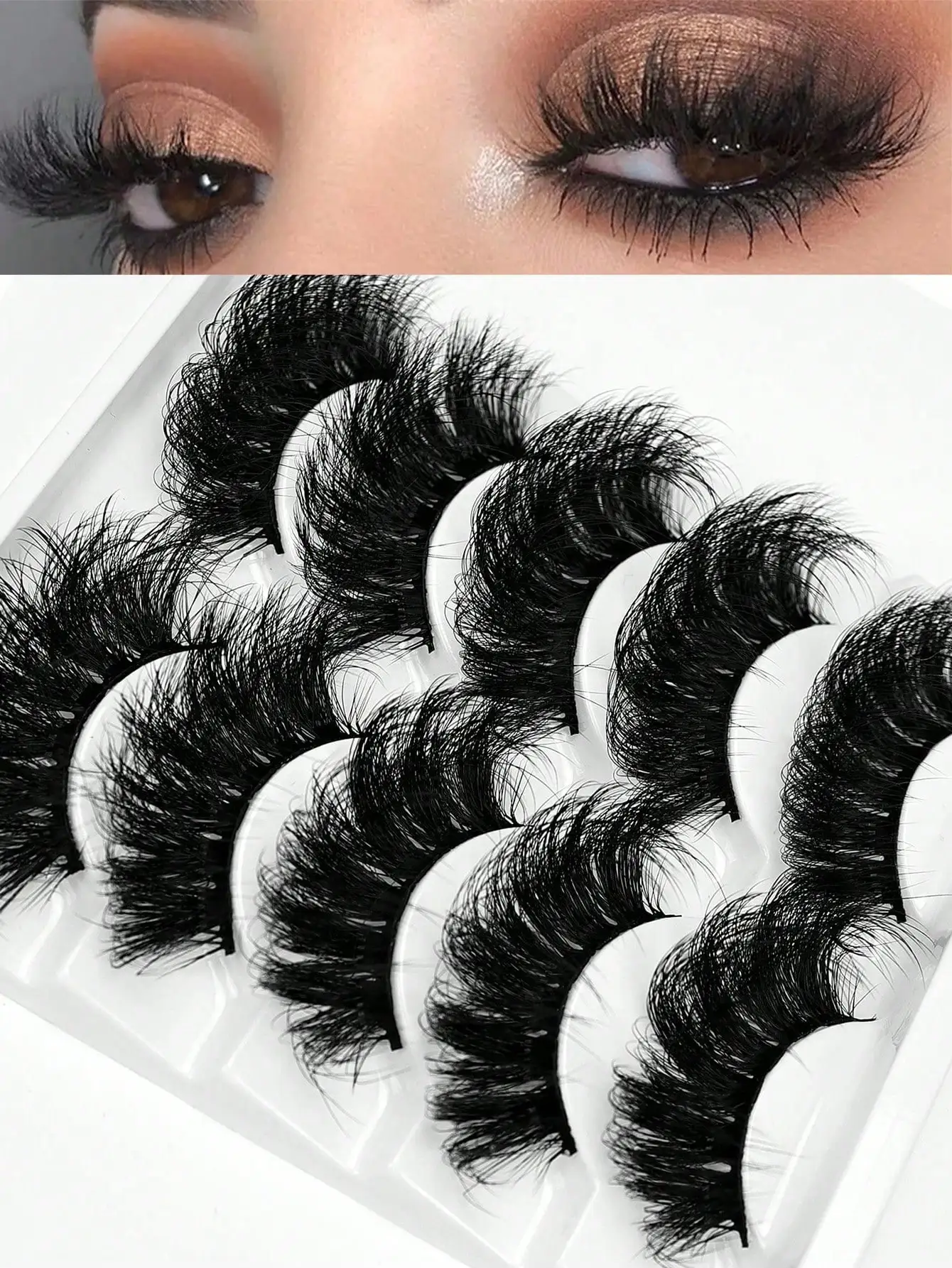 5 Paar Kunstwimpern aus Nerzimitat, flauschig, lang, voluminös, für einen dramatischen Cat-Eye-Look, wiederverwendbar für Bühnen-, Party- und Abend-Make-up – Detail 1