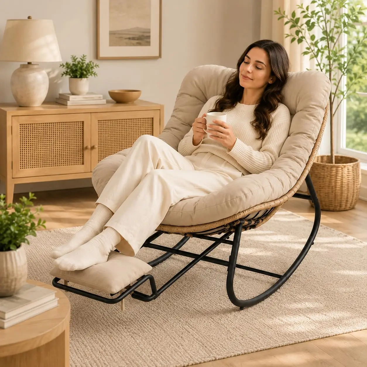 Oversized Rocking Chair with Zero-Gravity Footrest & Ottoman, Lounge Chair for Patio Porch Balcony Indoor, Big Chaise Customized