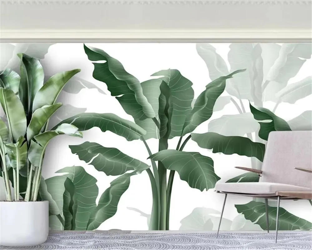 Custom size mural small fresh green leaves watercolor rain forest plants banana leaf background decorative painting 3d wallpaper