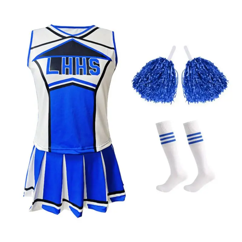 女性用チアリーダーコスチューム制服衣装トップミニプリーツスカートストッキングポンポンカーニバルチアリーディングスーツセット