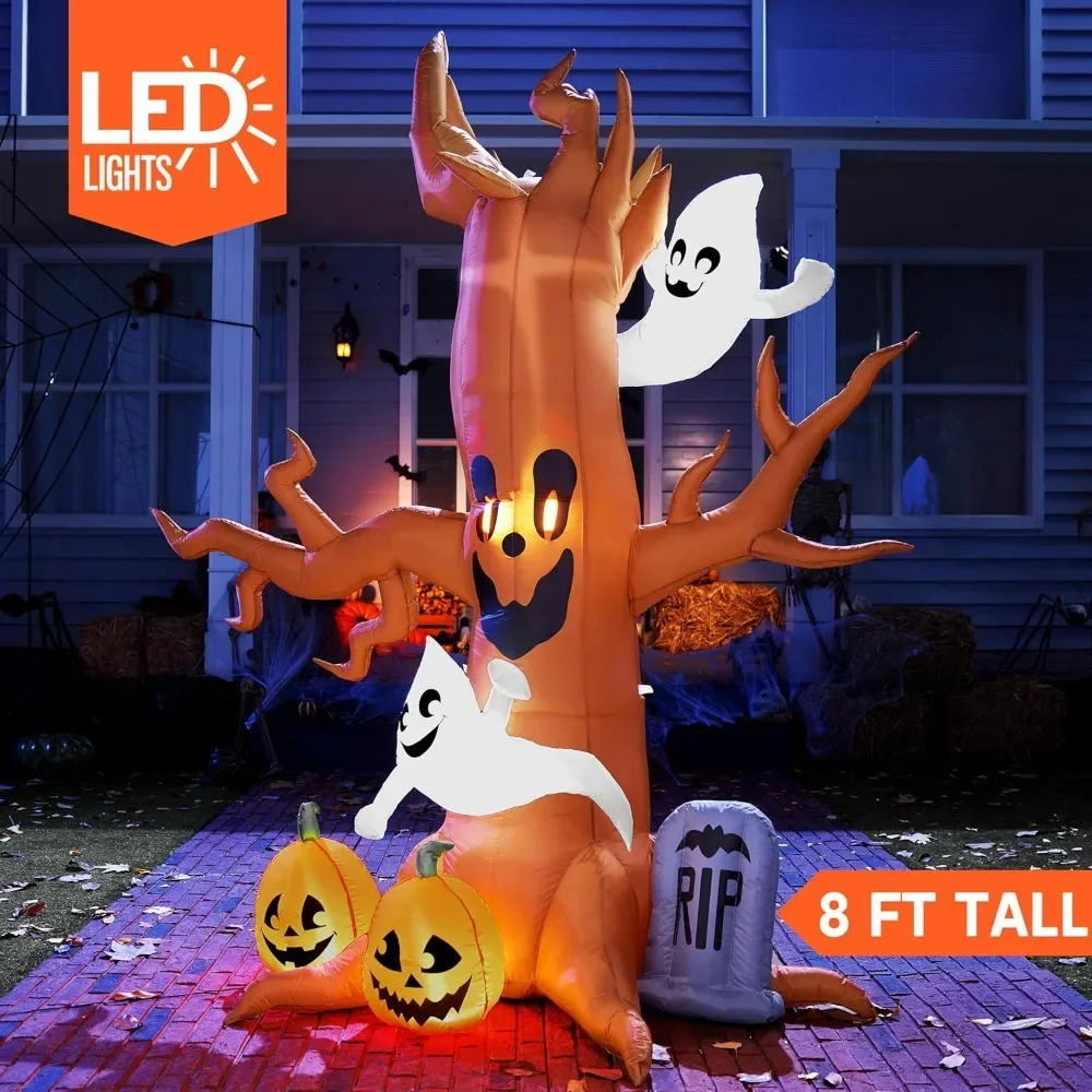 

Halloween Inflatable Scary Tree with Ghost, Pumpkin and Tombstone, Blow Up Inflatables with Build-in LEDs for Halloween Party