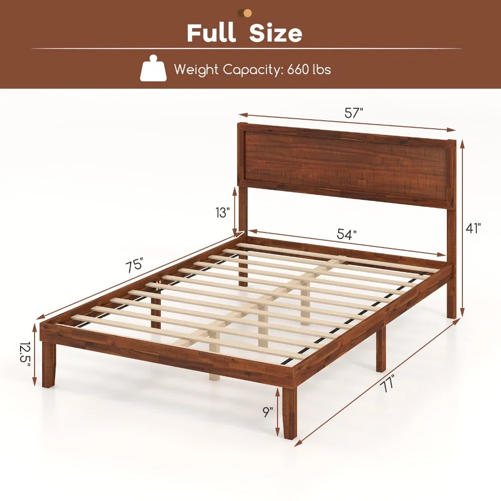 Full Size Wood Bed Frame with Headboard, Solid Acacia Wood Platform Bed Frame, Wooden Slats Supported Bed Base with