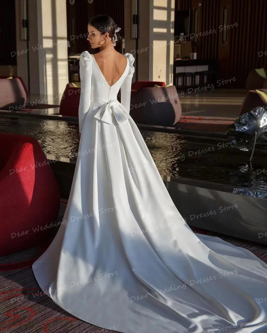 Semplici abiti da sposa con scollo a V per donna eleganti abiti da sposa Sexy manica lunga alta divisa in raso Party Fashion Vestidos De Novias