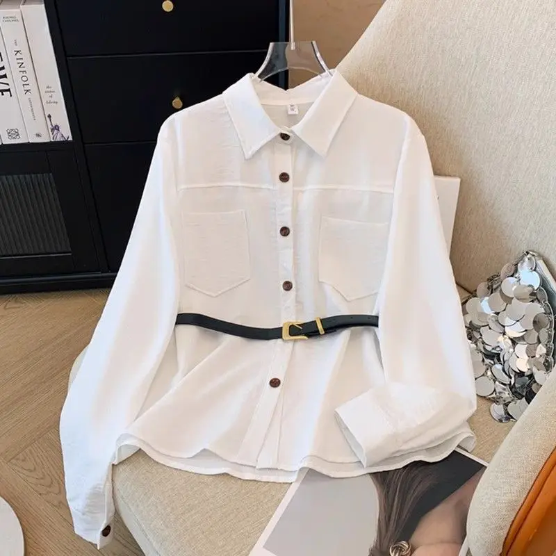 가을과 겨울용 벨트가 있는 폴로 칼라 긴팔 셔츠 여성용 다용도 슬림 싱글 브레스티드 탑
