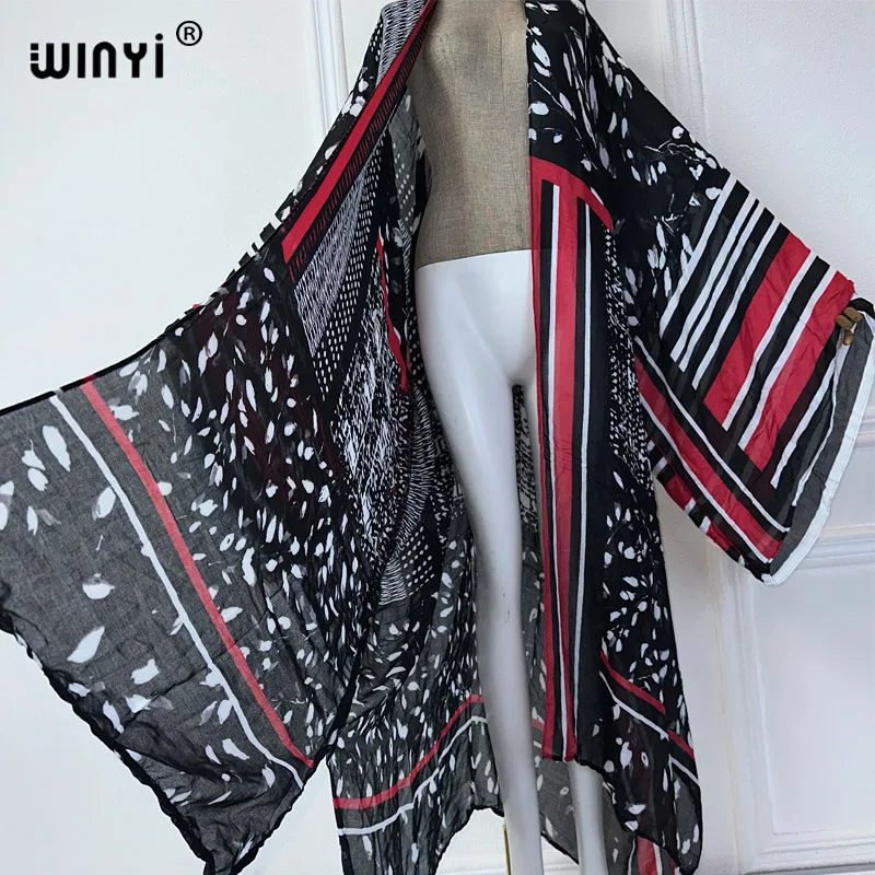 WINYI summer kimono beach wear women 2024 dress beach cover up Cardigan boho print coat abayas dubai luxury muslim kaftan