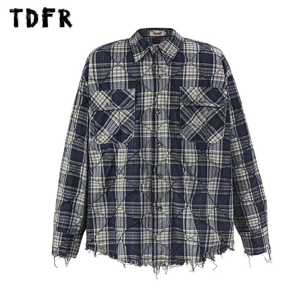 

Spliced Rhombus Plaid Shirts Mens Autumn Retro Streetwear Loose Single Breasted Lapel Long Sleeve Raw Edge Shirts Men