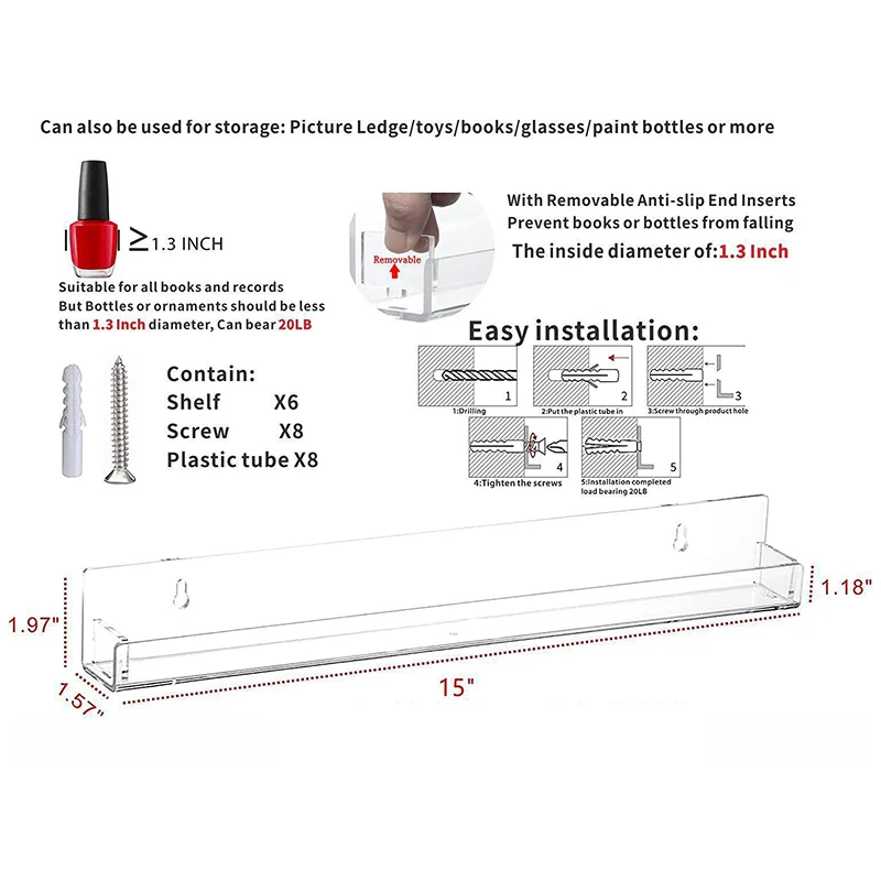 2/4/6 Pcs Clear Acrylic Nail Polish Organizer Wall Mounted Nail Polish Rack Storage Shelf with Removable Anti-slip Baffle