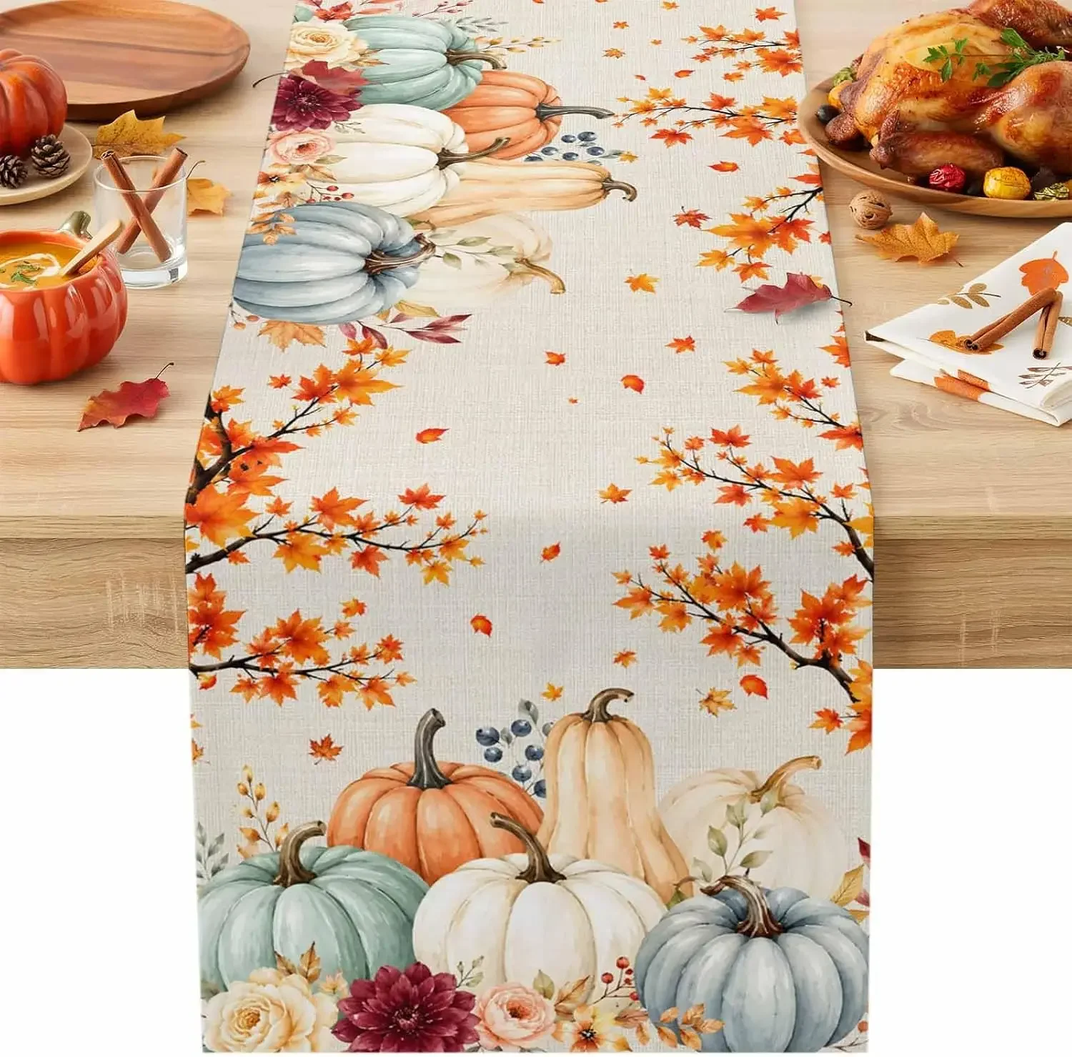 1Pc Autumn Harvest Pumpkin Maple Leaf Table Runner Beige Fall Foliage Gourd Print Table Cover For Dining Kitchen Party Decoratio