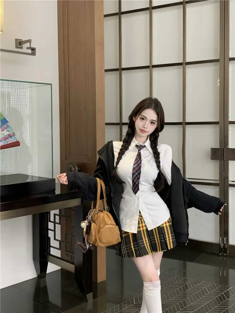 

Loose Long Sleeve Open Cardigan White Shirt Women's Spring Slimming Skirt Three-Piece Set College Style Fashion Ensemble