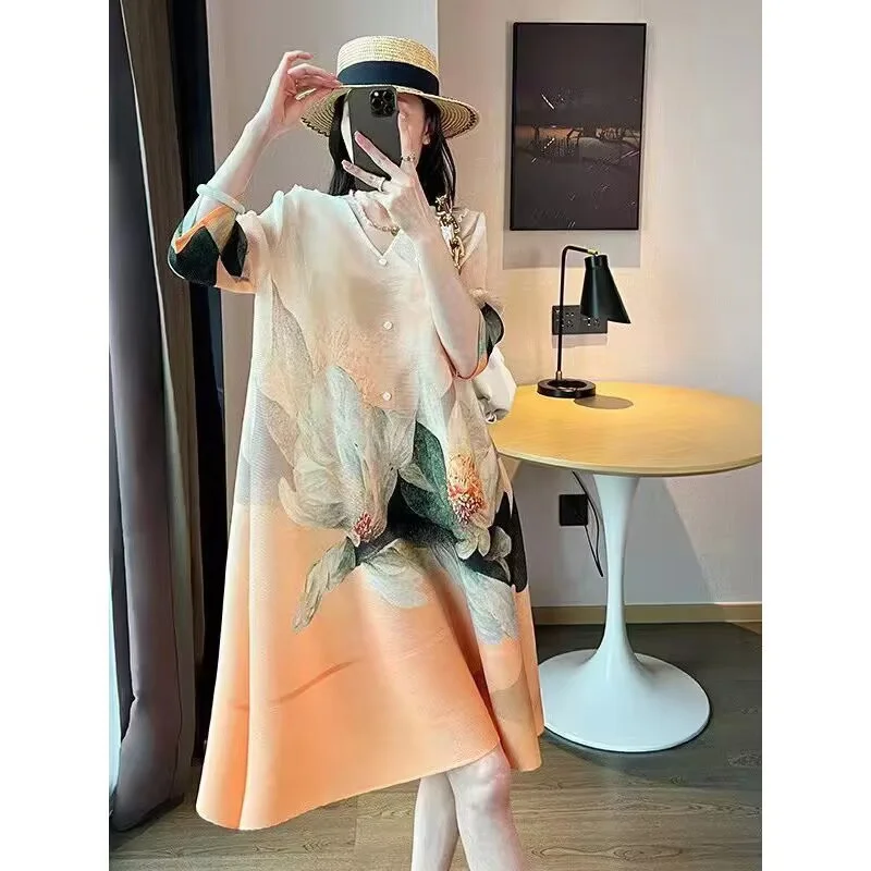 Vestidos de noite femininos dobráveis plus size vestido estampado feminino em longo primavera e verão solto saia high-end temperamento