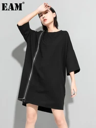 EAM-vestido negro de talla grande con cremallera para mujer, traje holgado con cuello redondo y manga de tres cuartos, a la moda, para primavera y otoño, 2024, 1DF5283