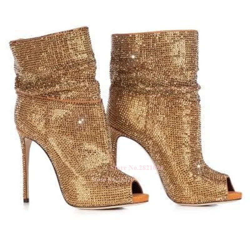 

Peep Toe Crystal Bling Bling Thin High Heel Ankle Boots Women Pure Color Hot Drilling Sleeve Fish Mouth Short Boots