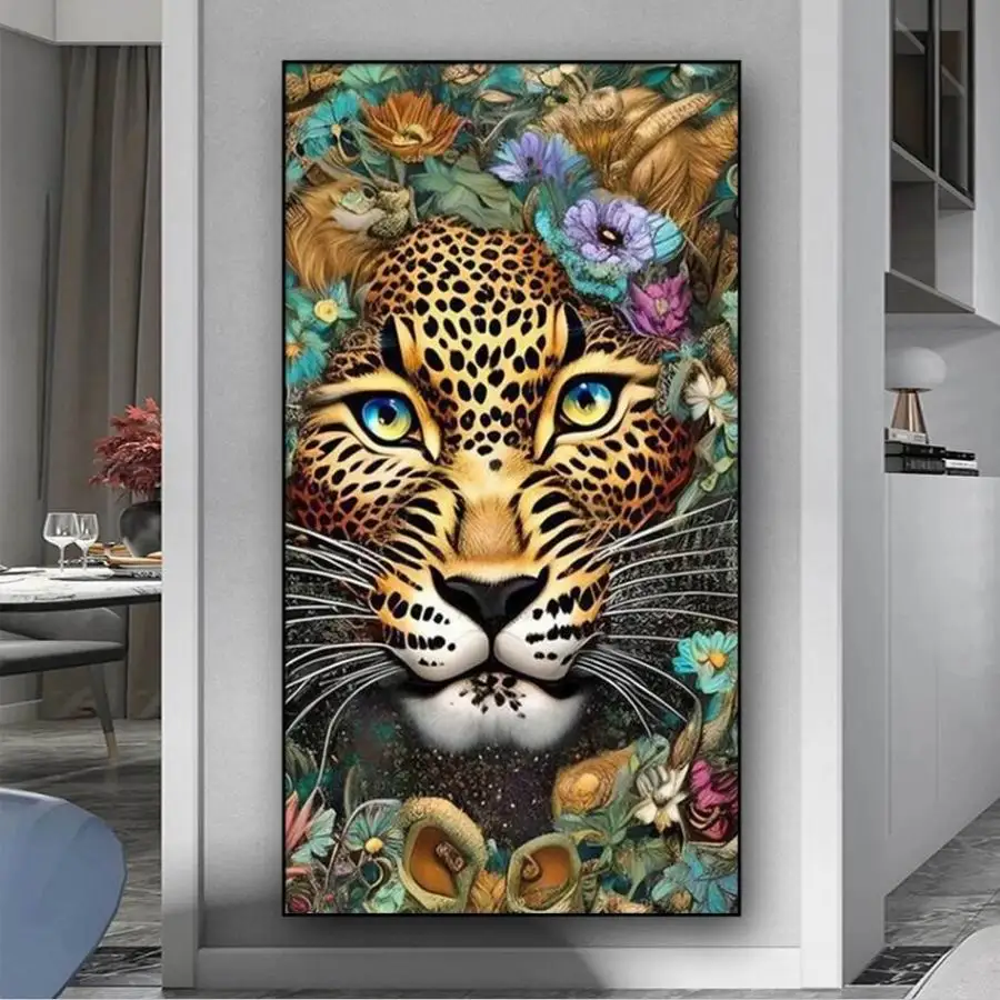 Fullcang Diamond Painting Big Size Golden Leopard Flower Diy Full Mosaic Embroidery Animals Jewelry Cross Stitch Kits Wall Decor