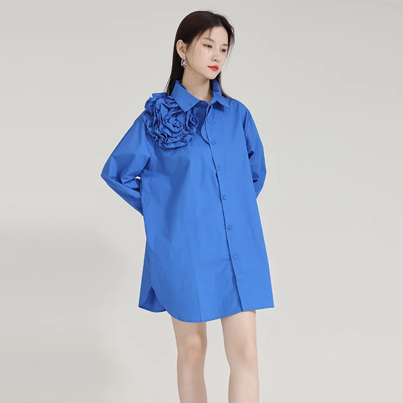 

Женская легкая роскошная рубашка средней длины с длинными рукавами и цветочным принтом, элегантная повседневная мода