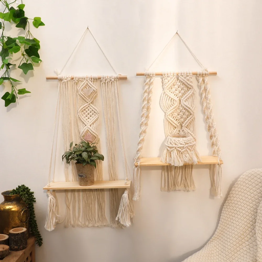 Macrame Wall Hanging Shelf Tassel Wood Decor Woven Wall Hanging Board Shelves for Home Decor Bedroom Living Room Cake Stand