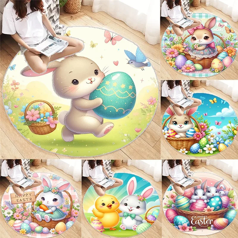 Easter Round Carpet Vintage Design Printed Living Room Bedroom Cute Mat Washable Home Children's Bedroom Rug Rabbit Decoration