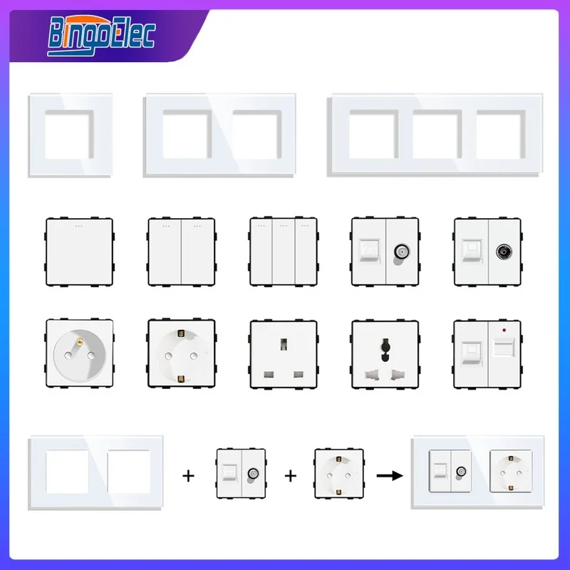 Bingoelec DIY EU Standard Socket Button Switch USB TV Telephone Satellite With Crystal Glass Frame Panel White Home Improvement