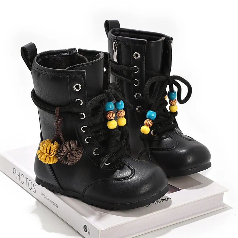 Winter Girls Mid-calf Boots New Hairball Versatile Kids Causal Leather Boots Fashion Black Children Plush Boots Non-slip Soft