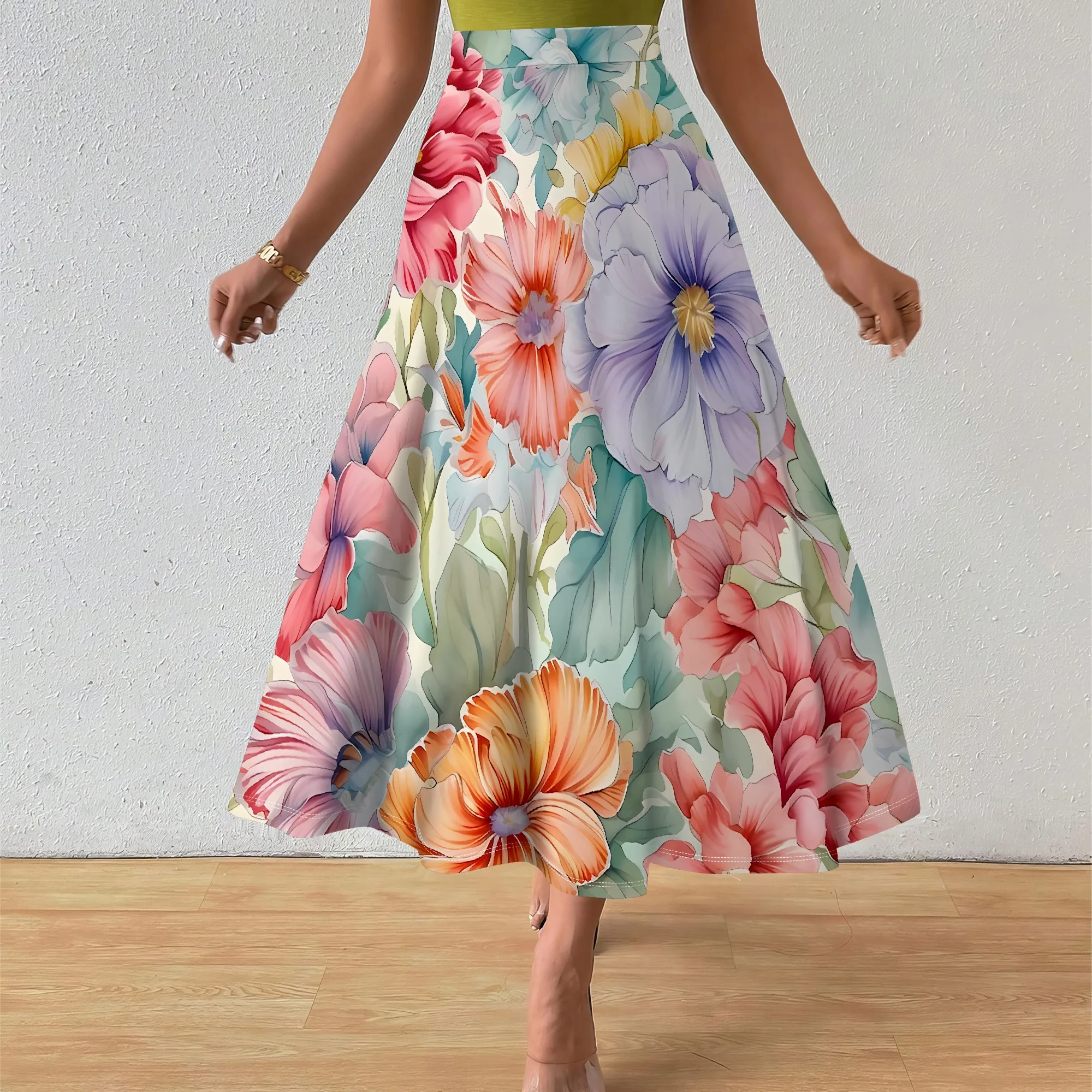

Nupusa Floral Print A - Line Midi Skirt for Women High - Waist Summer Casual Skirt