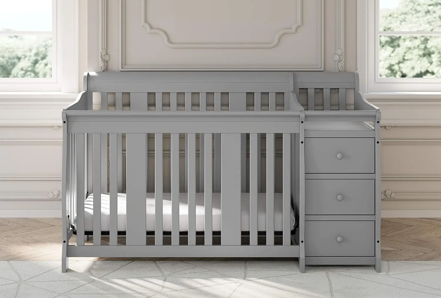 Storkcraft Portofino 5-in-1 Convertible Crib and Changer Combo (Pebble Gray) – Changing-Table with Storage Drawer, Converts to T