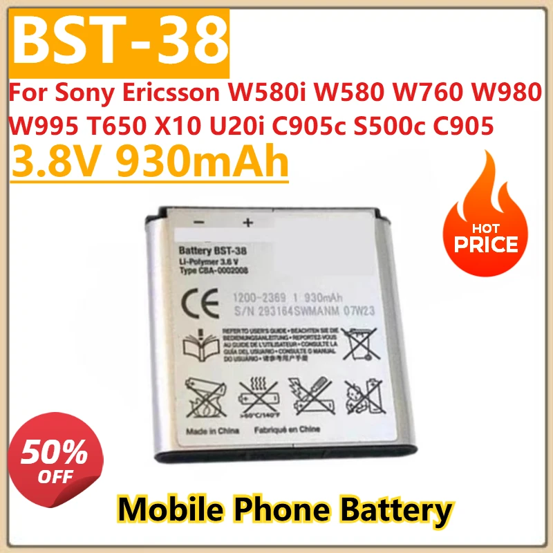 

New BST-38 Mobile Phone Battery 3.8V 930mAh For Sony Ericsson W580i W580 W995 W760 W980 T650 X10 U20i C905c S500c C905 BST 38