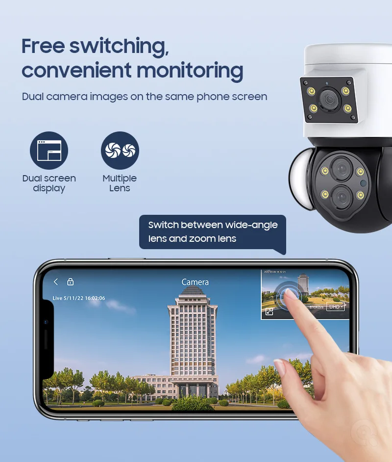 

4MP Multiple lens Dual Screen 10X Zoom Wireless PTZ IP Dome Camera Floodlight Full Color Home Security CCTV Baby Monitor